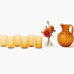 Amber Hobnail Jug and Glasses (Set of 6)