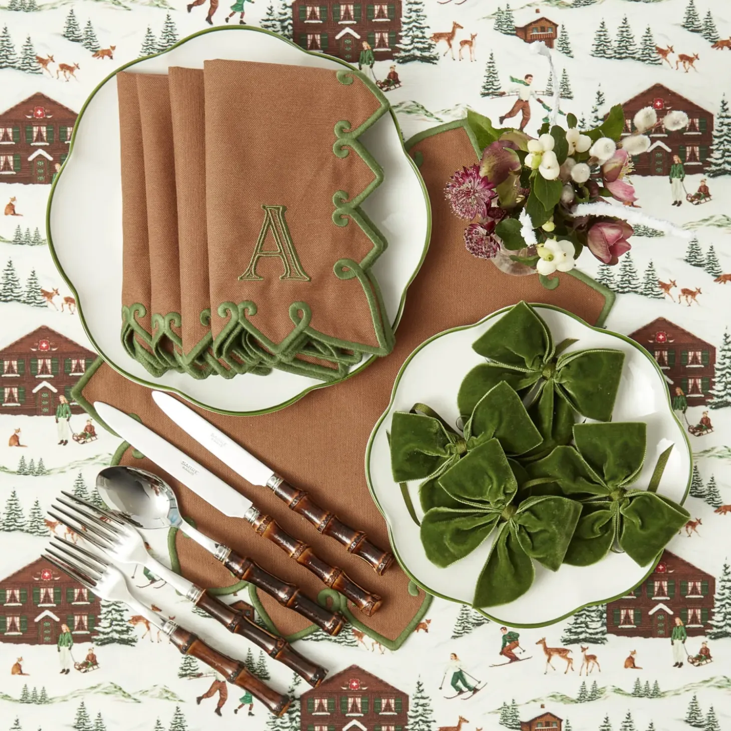 Angelina Chestnut & Green Placemats & Napkins (Set of 4)