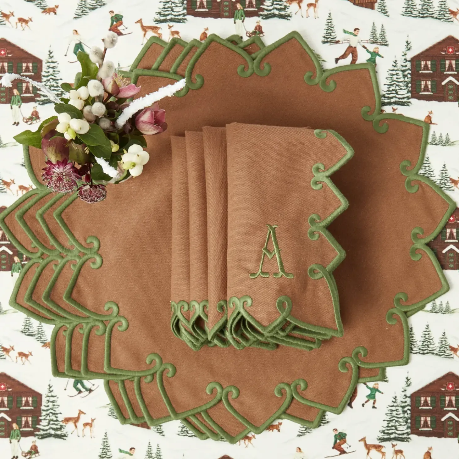 Angelina Chestnut & Green Placemats & Napkins (Set of 4)