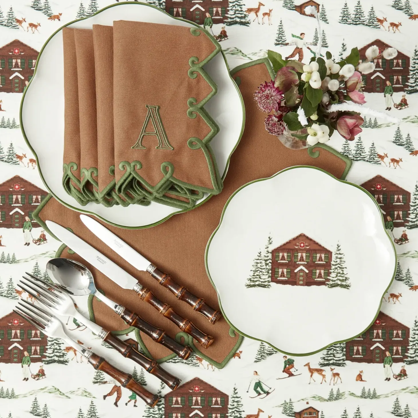 Angelina Chestnut & Green Placemats & Napkins (Set of 4)