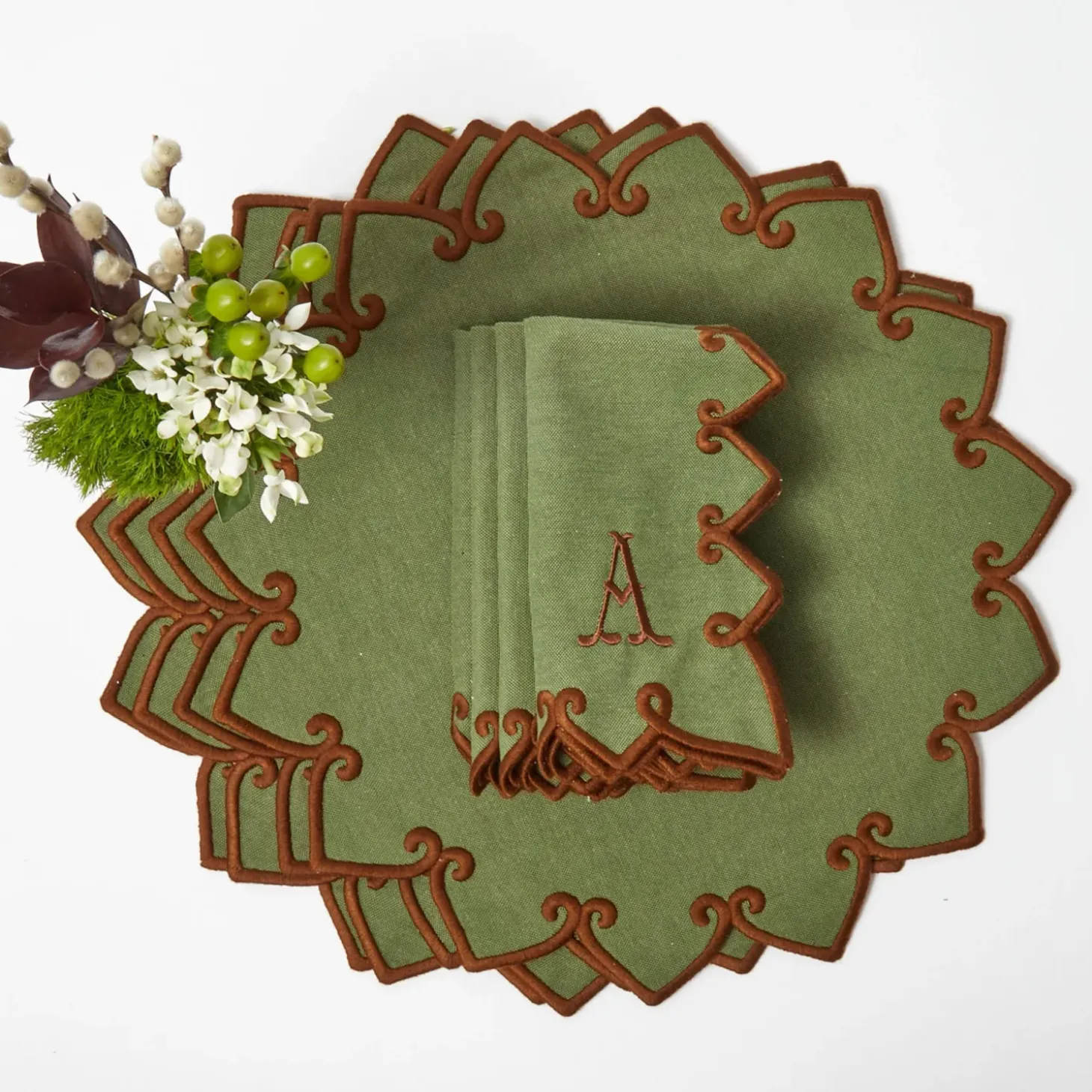Angelina Forest Green & Brown Placemats & Napkins (Set of 4)