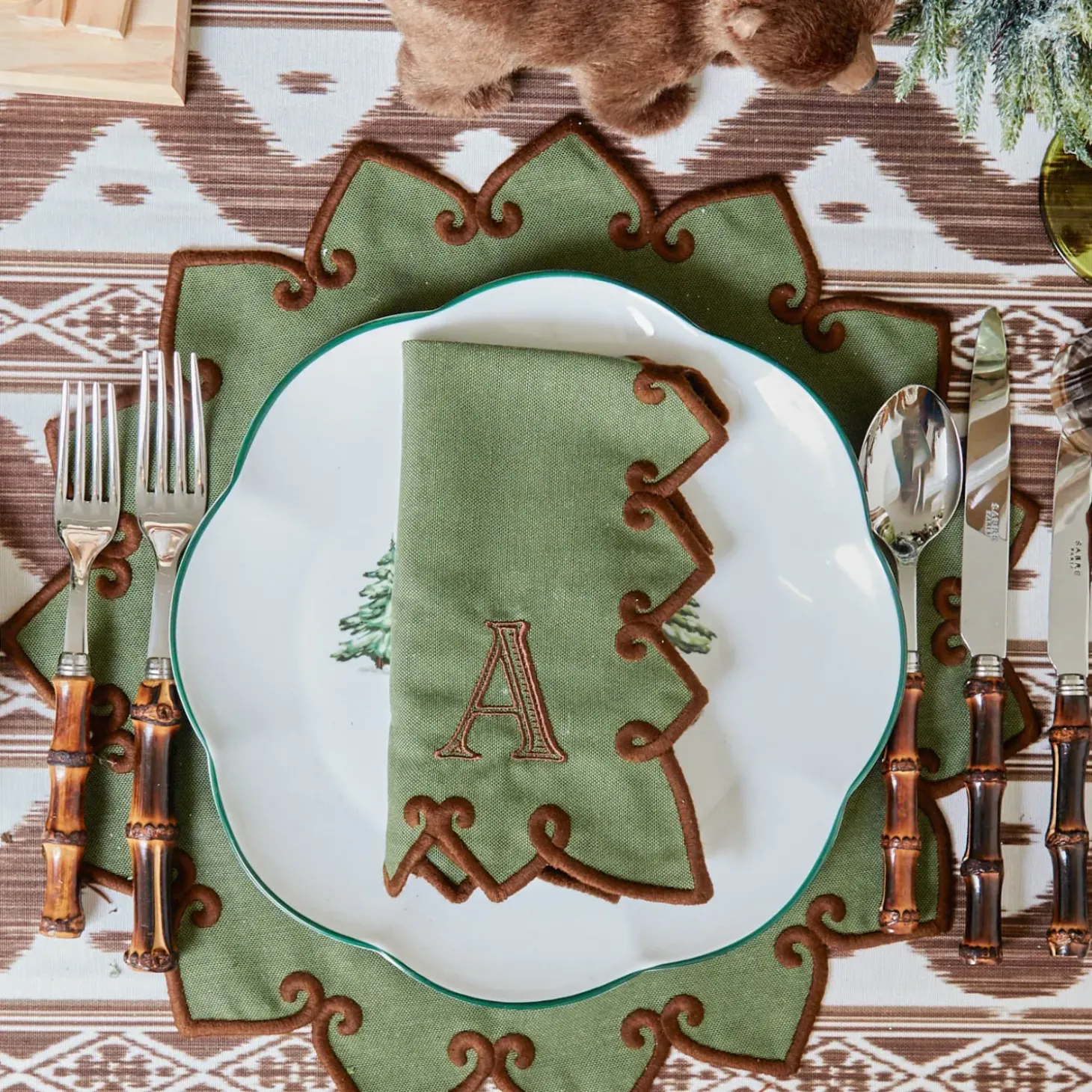 Angelina Forest Green & Brown Placemats & Napkins (Set of 4)