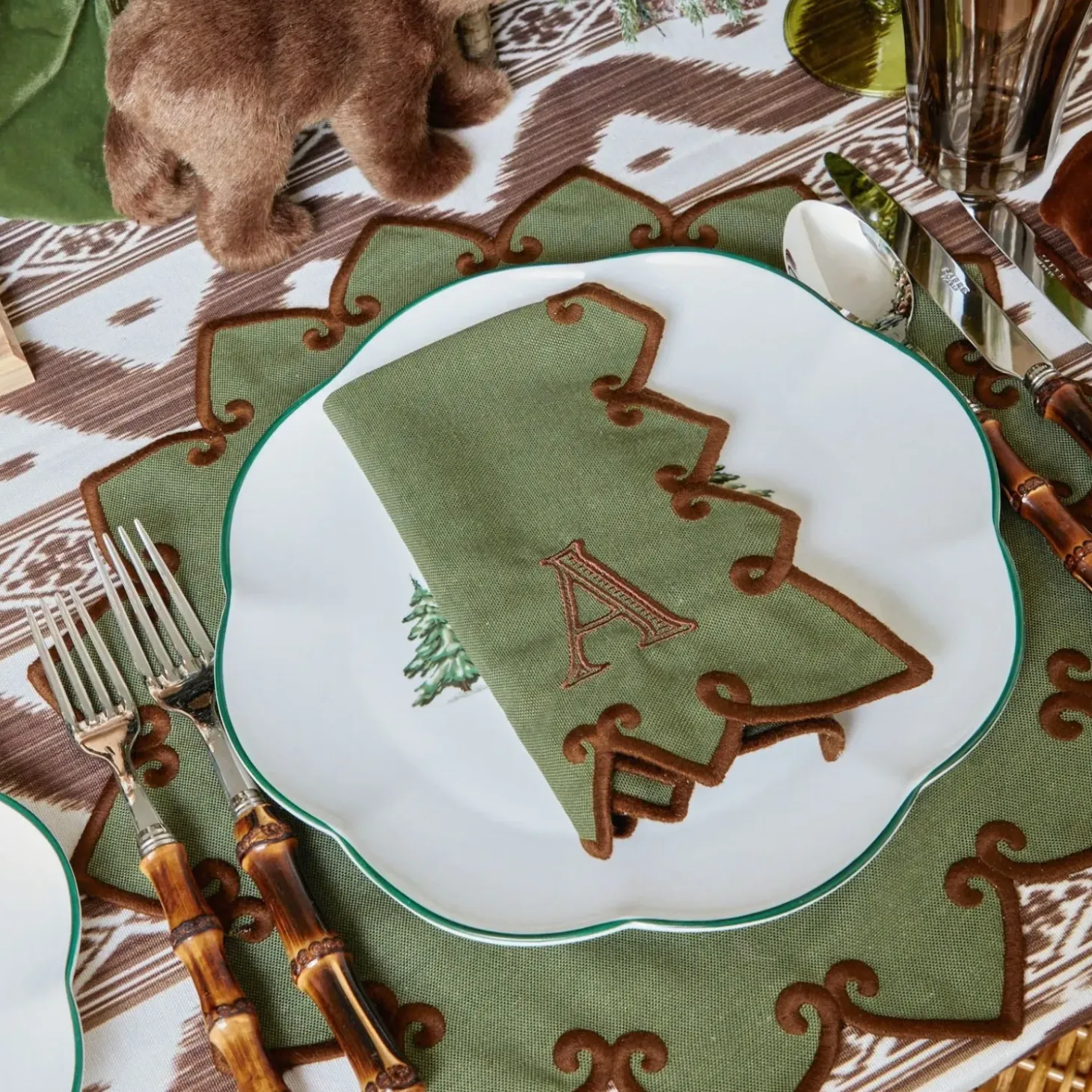 Angelina Forest Green & Brown Placemats & Napkins (Set of 4)