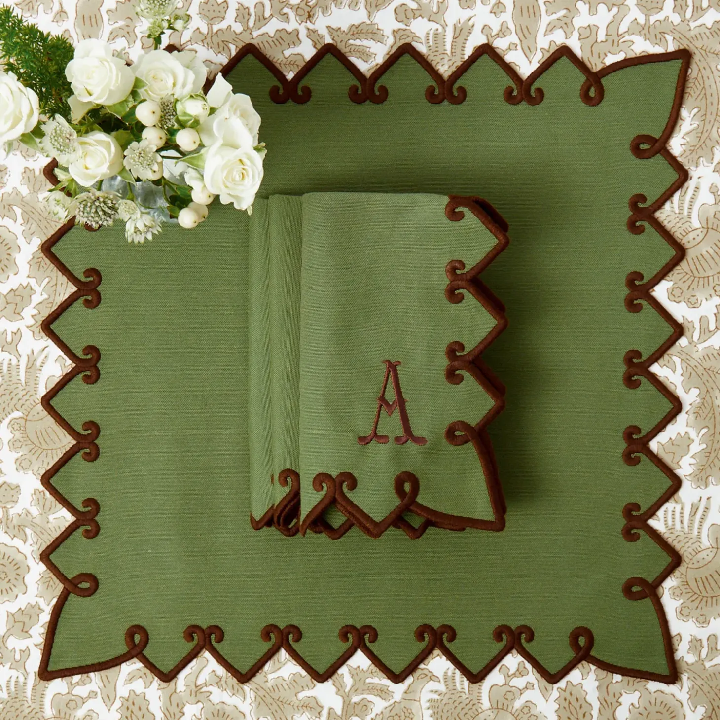 Angelina Forest Green & Brown Placemats & Napkins (Set of 4)