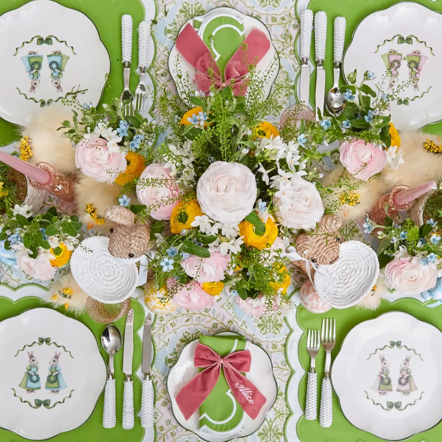 Blue & Pink Cottontail Bunny Dinner Plates (Set of 4)