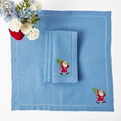Blue & Red Hand Embroidered Father Christmas Napkins (Set of 4)