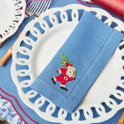 Blue & Red Hand Embroidered Father Christmas Napkins (Set of 4)
