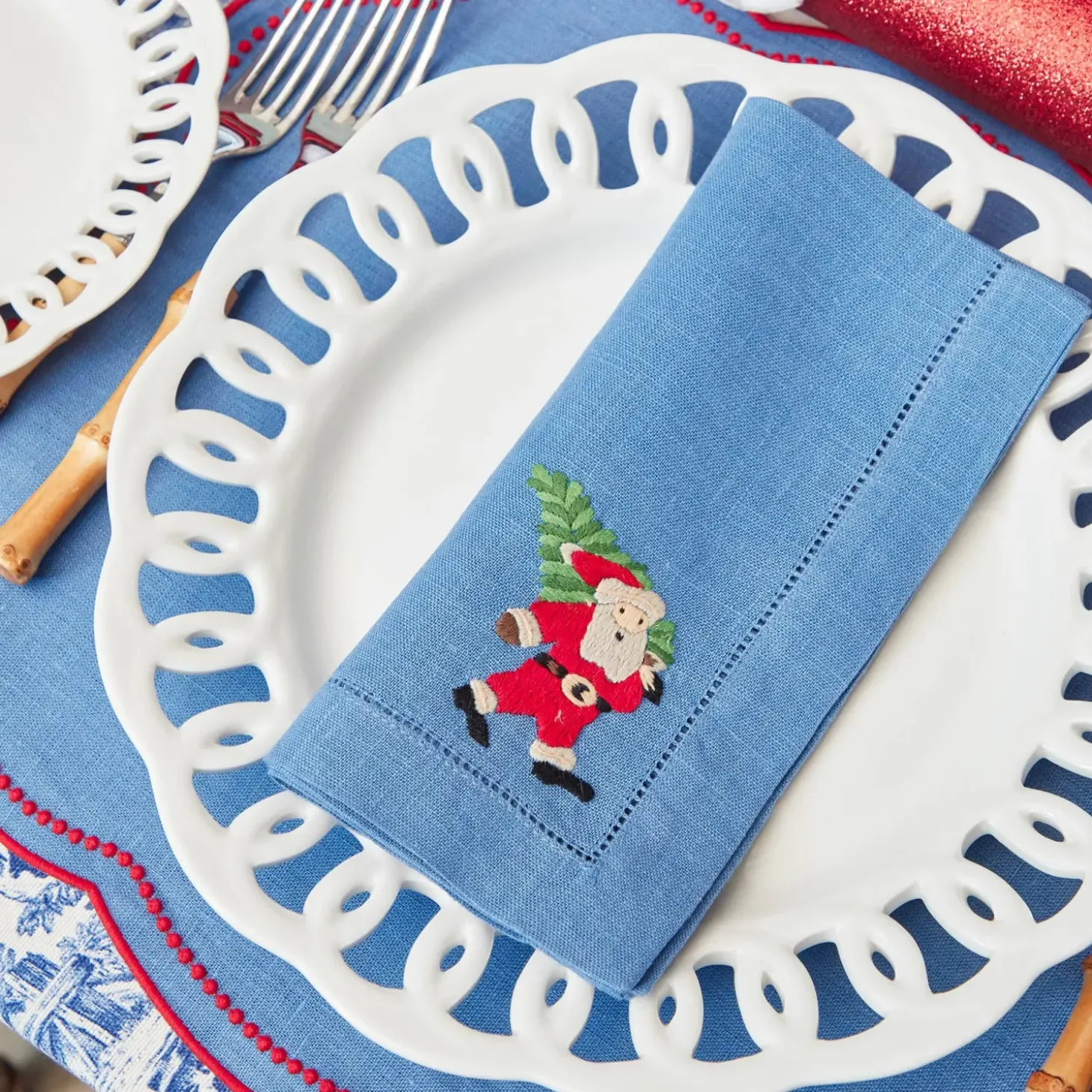 Blue & Red Hand Embroidered Father Christmas Napkins (Set of 4)