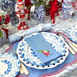 Blue & Red Hand Embroidered Father Christmas Napkins (Set of 4)
