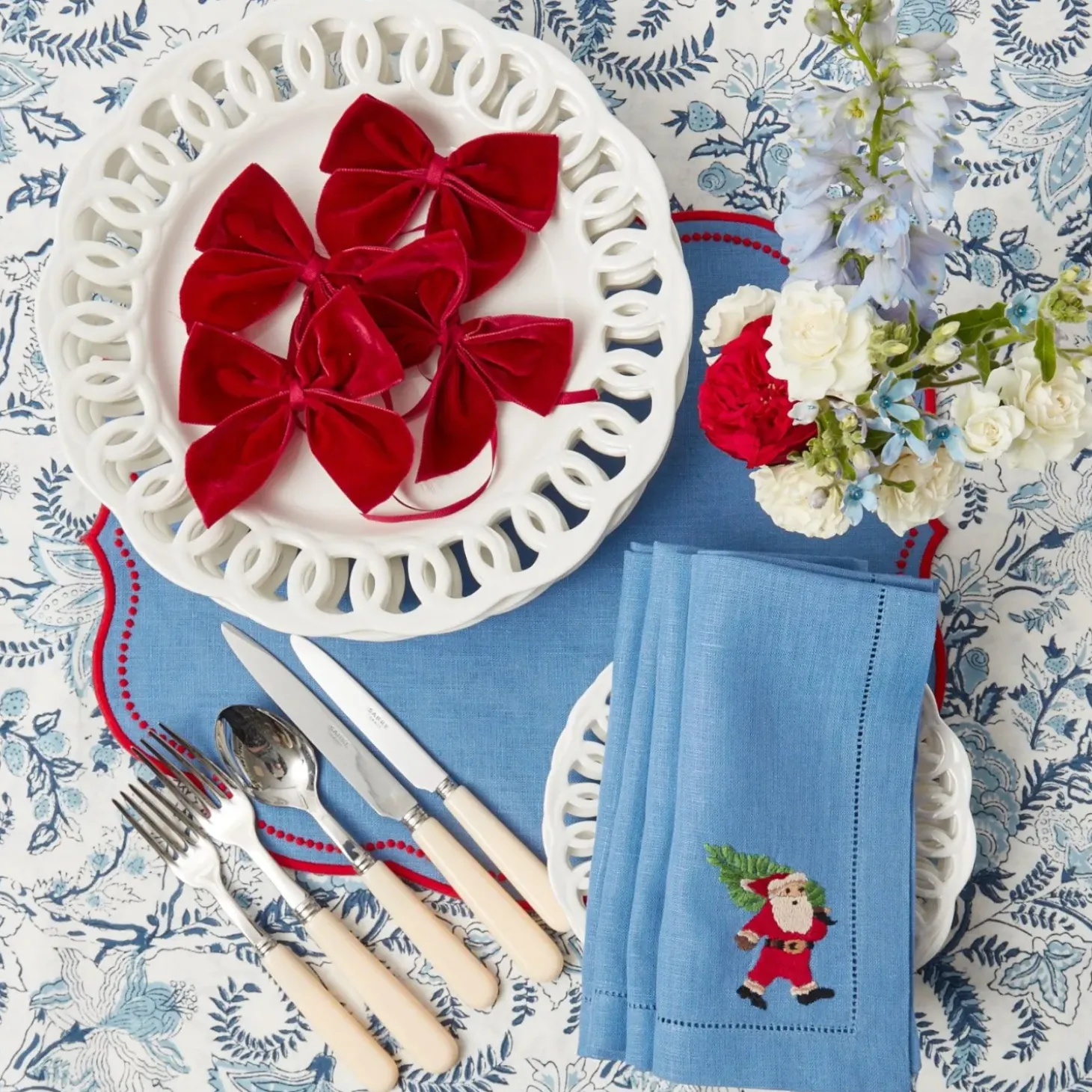 Blue & Red Hand Embroidered Father Christmas Napkins (Set of 4)