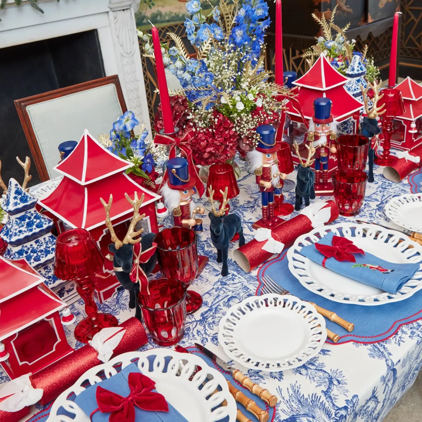Blue & Red Hand Embroidered Father Christmas Napkins (Set of 4)
