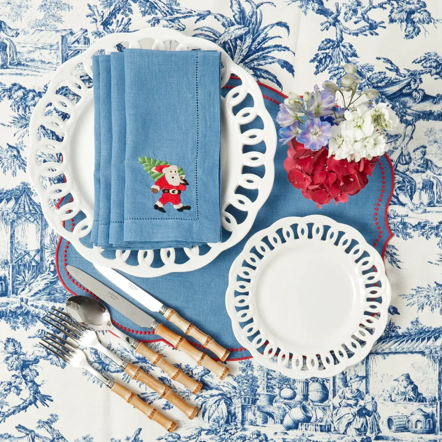 Blue & Red Hand Embroidered Father Christmas Napkins (Set of 4)