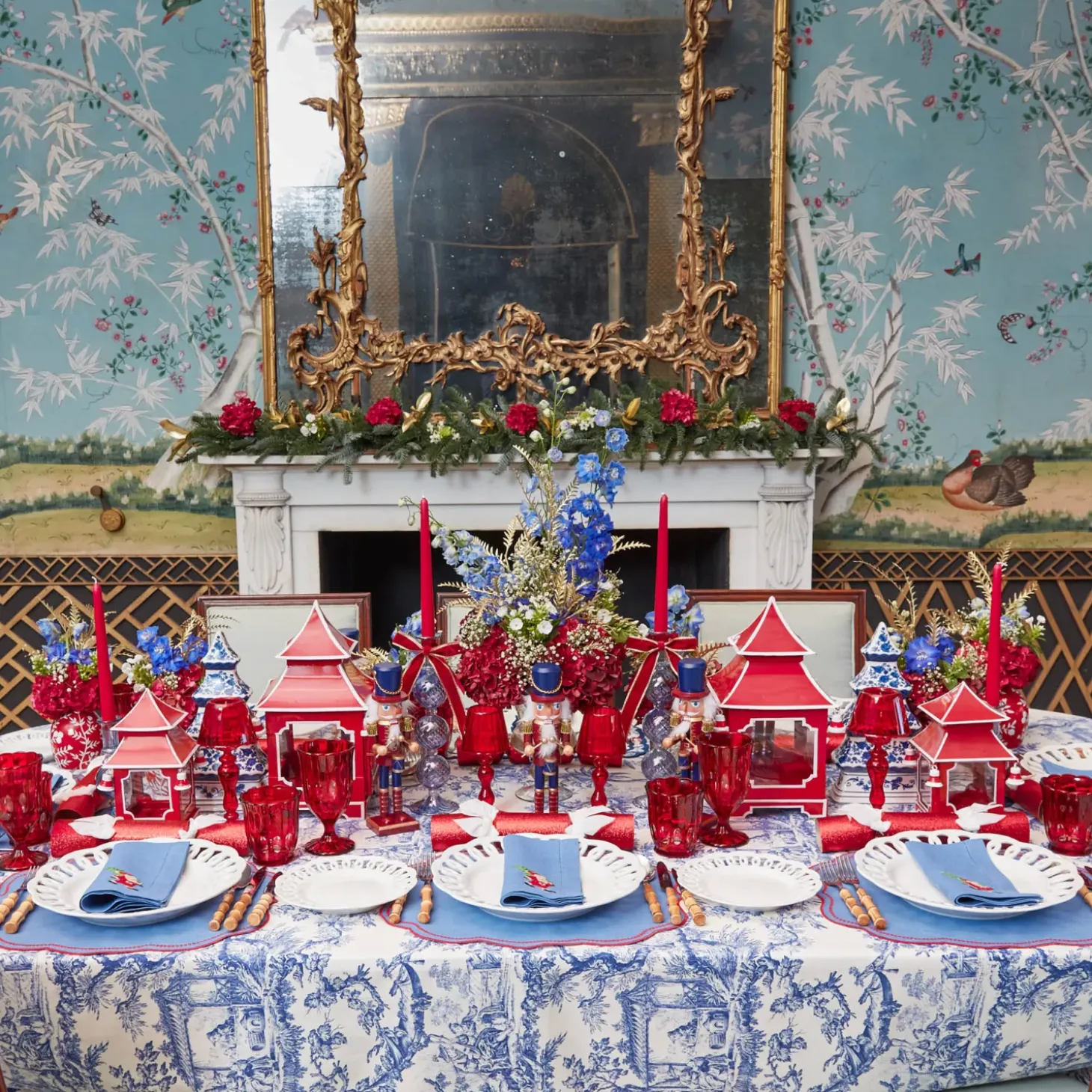 Blue & Red Hand Embroidered Father Christmas Napkins (Set of 4)