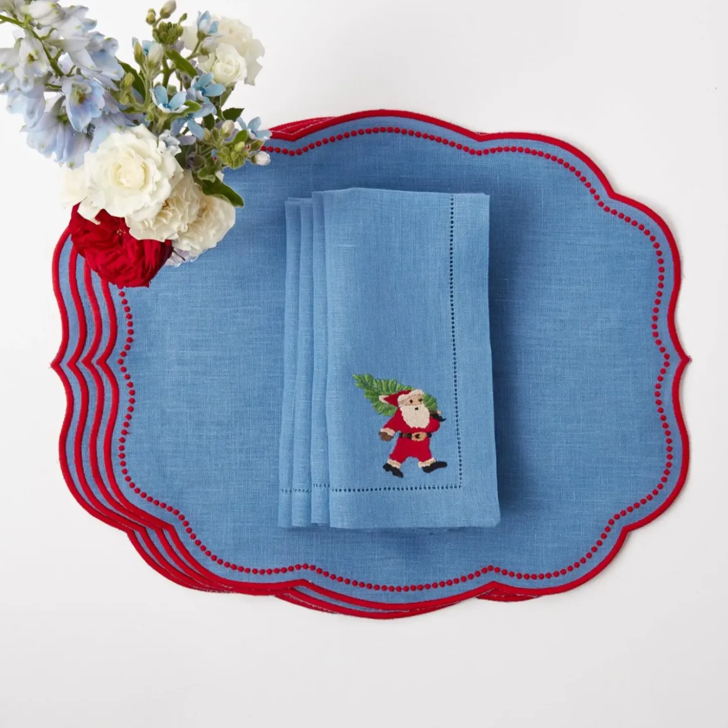 Blue & Red Hand Embroidered Father Christmas Napkins (Set of 4)