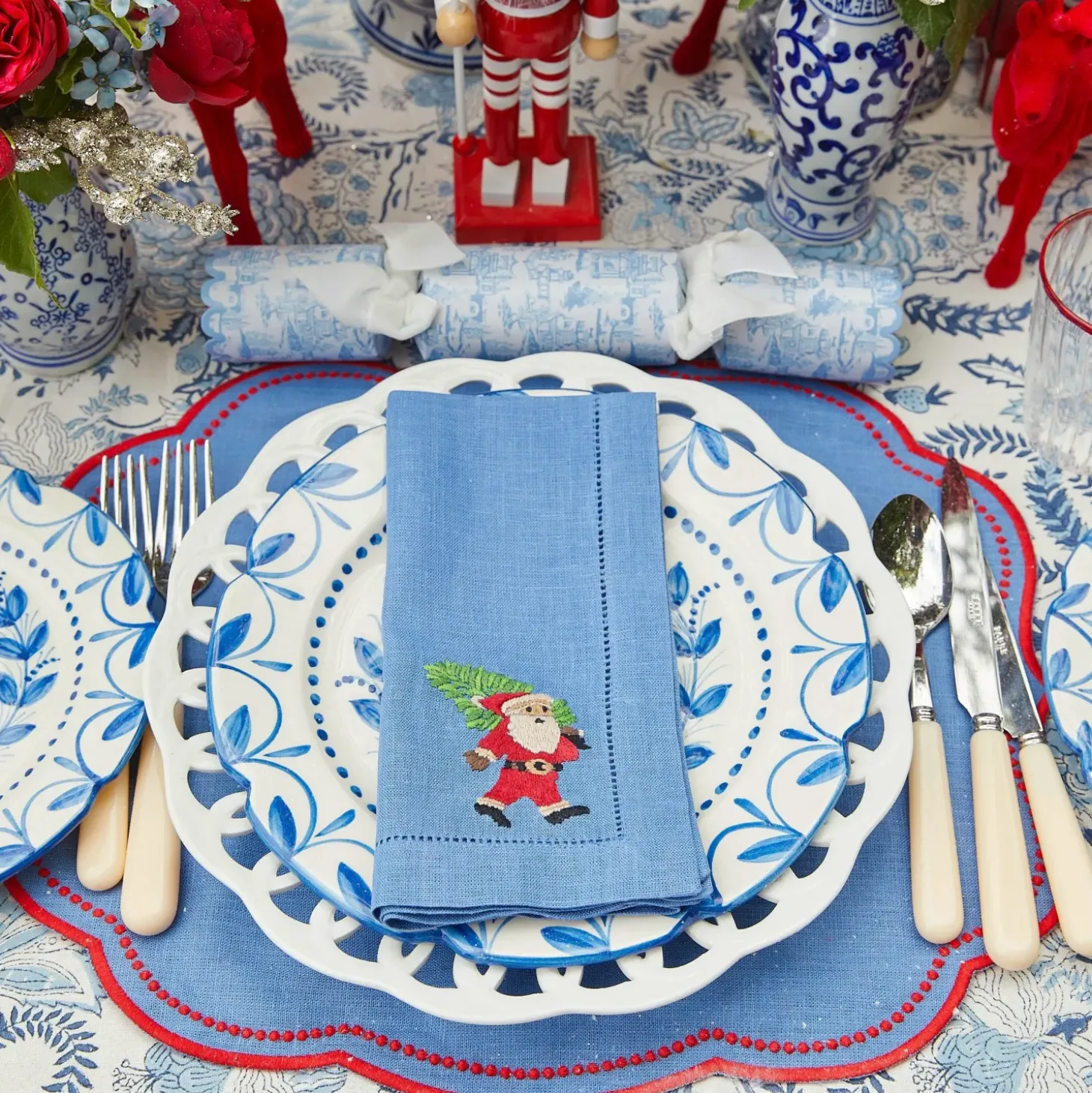 Blue & Red Hand Embroidered Father Christmas Napkins (Set of 4)