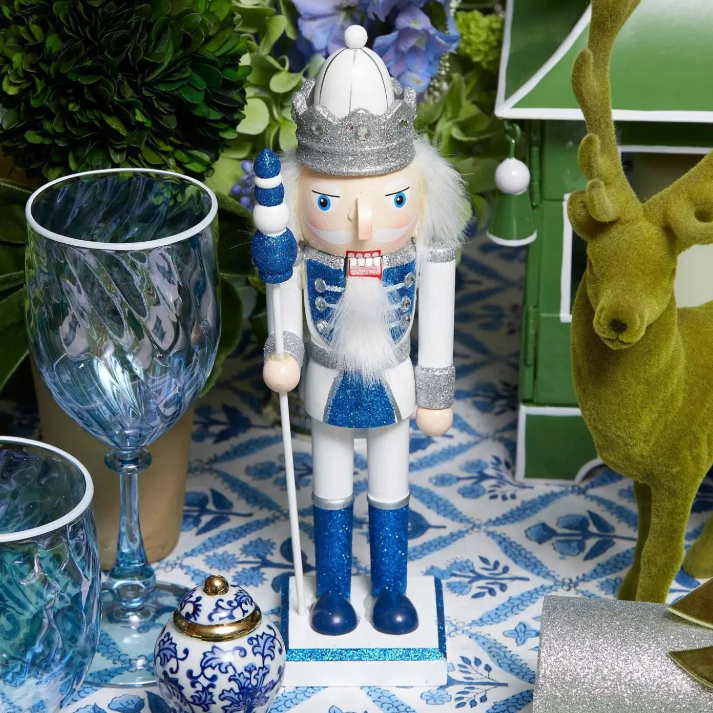 Blue & White Glitter Nutcrackers (Pair)