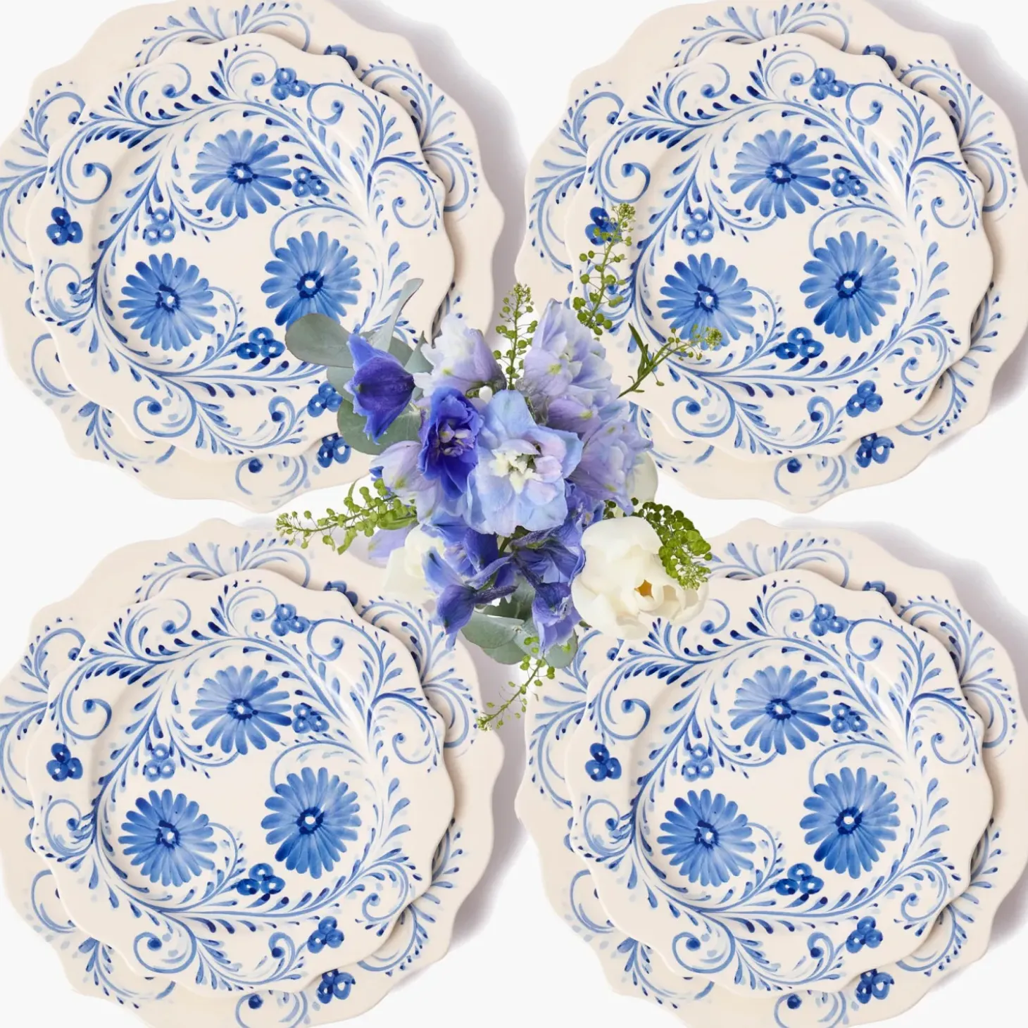 Blue Flowers Dinner & Starter Plates (Set of 8)