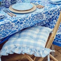 Blue Gingham Ruffle Seat Pad Cushion (Set of 4)