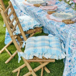 Blue Gingham Ruffle Seat Pad Cushion (Set of 4)