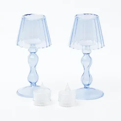 Blue Glass Lantern Tea Light Holder (Pair) - 18 cm
