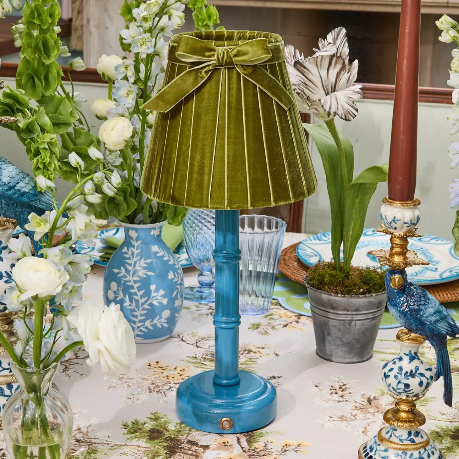 Blue Leonora Lacquer Rechargeable Lamp with Olive Velvet Bow Shade (18cm)