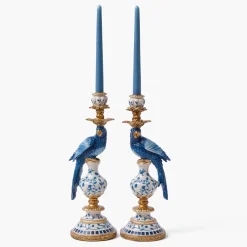 Blue Parrot Candle Holder Set