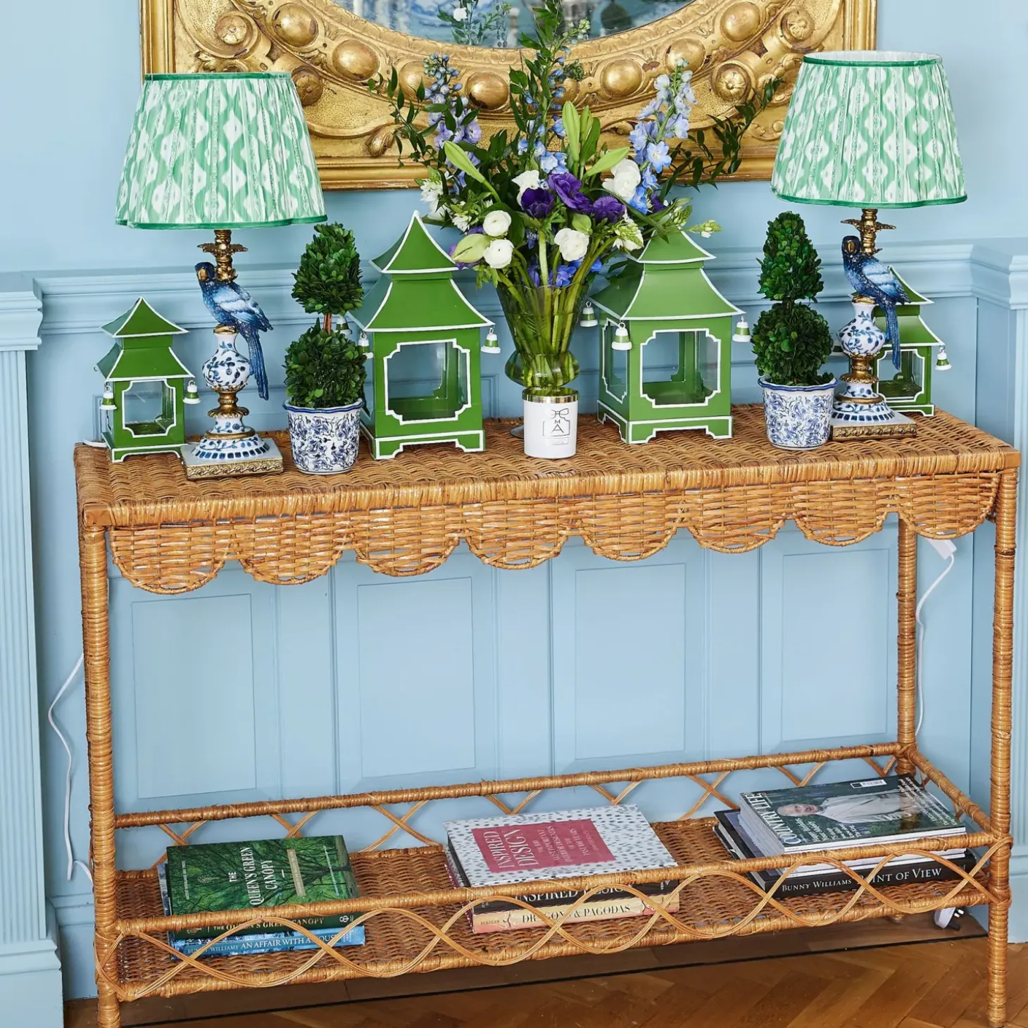Blue Parrot Lamp with Green Ikat Shade (30cm)