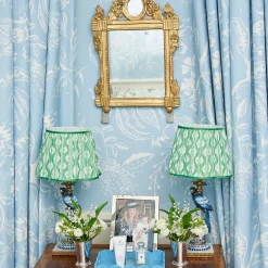 Blue Parrot Lamp with Green Ikat Shade (30cm)