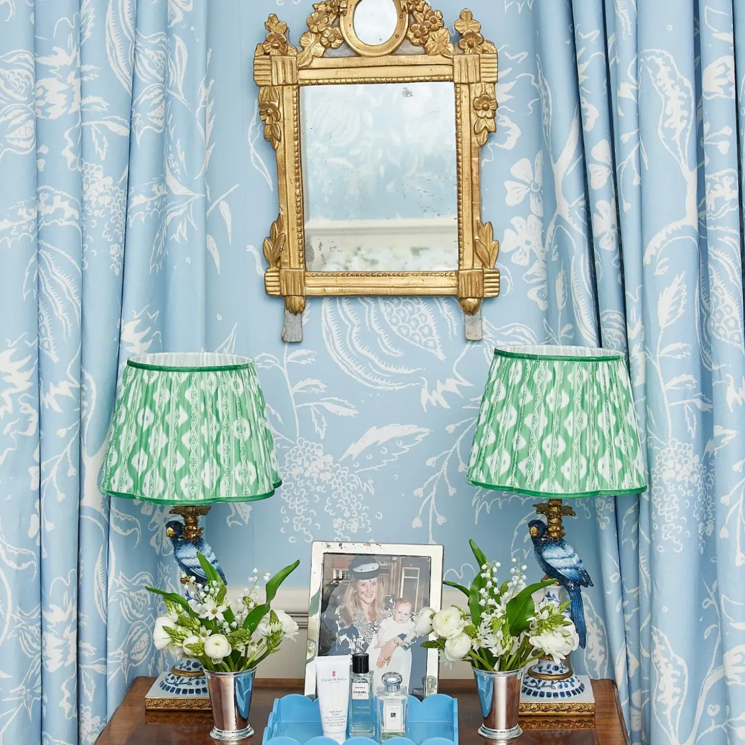 Blue Parrot Lamp with Green Ikat Shade (30cm)