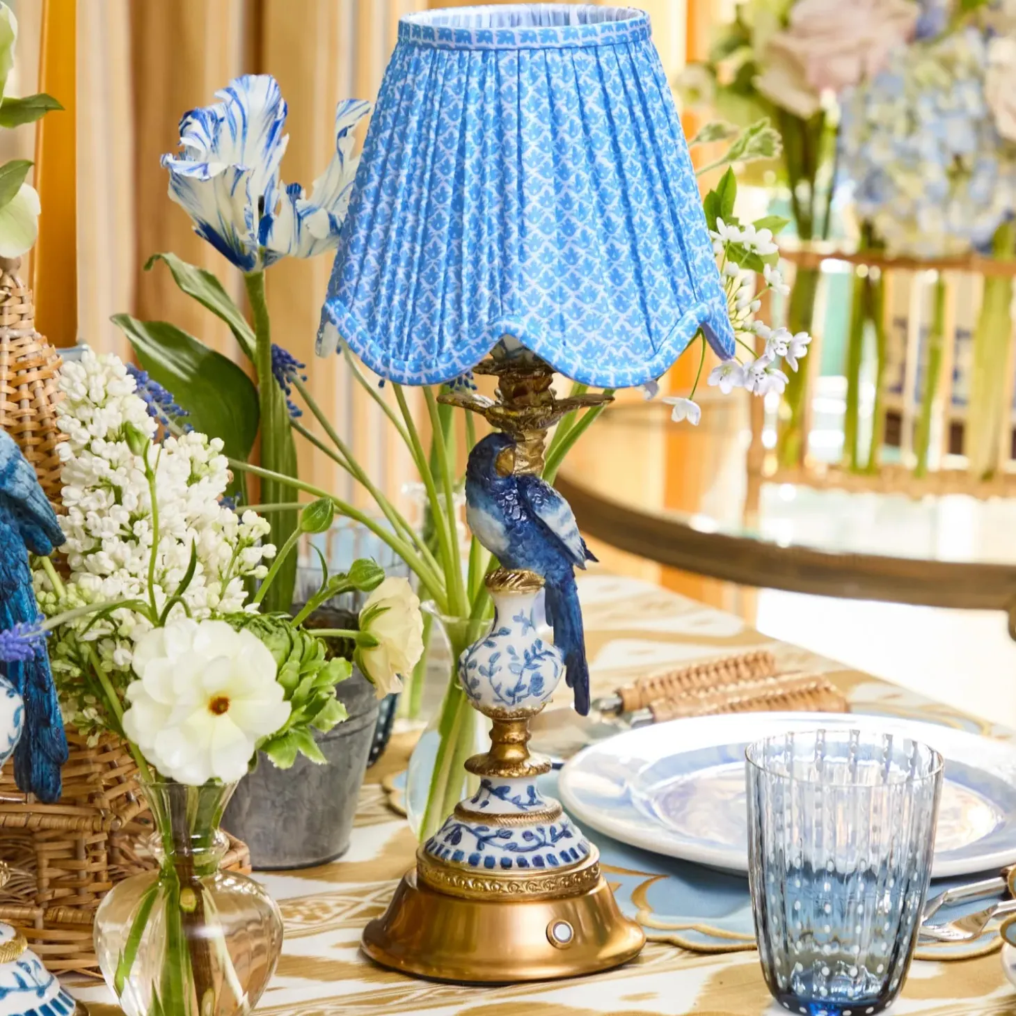 Blue Parrot Rechargeable Lamp with Blue Lotus Deep Scallop Shade (18cm)