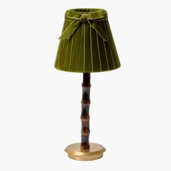 Burnt Bamboo Rechargeable Lamp with Olive Velvet Bow Shade (18cm)