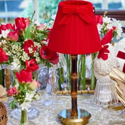 Burnt Bamboo Rechargeable Lamp with Red Velvet Bow Shade (18cm)