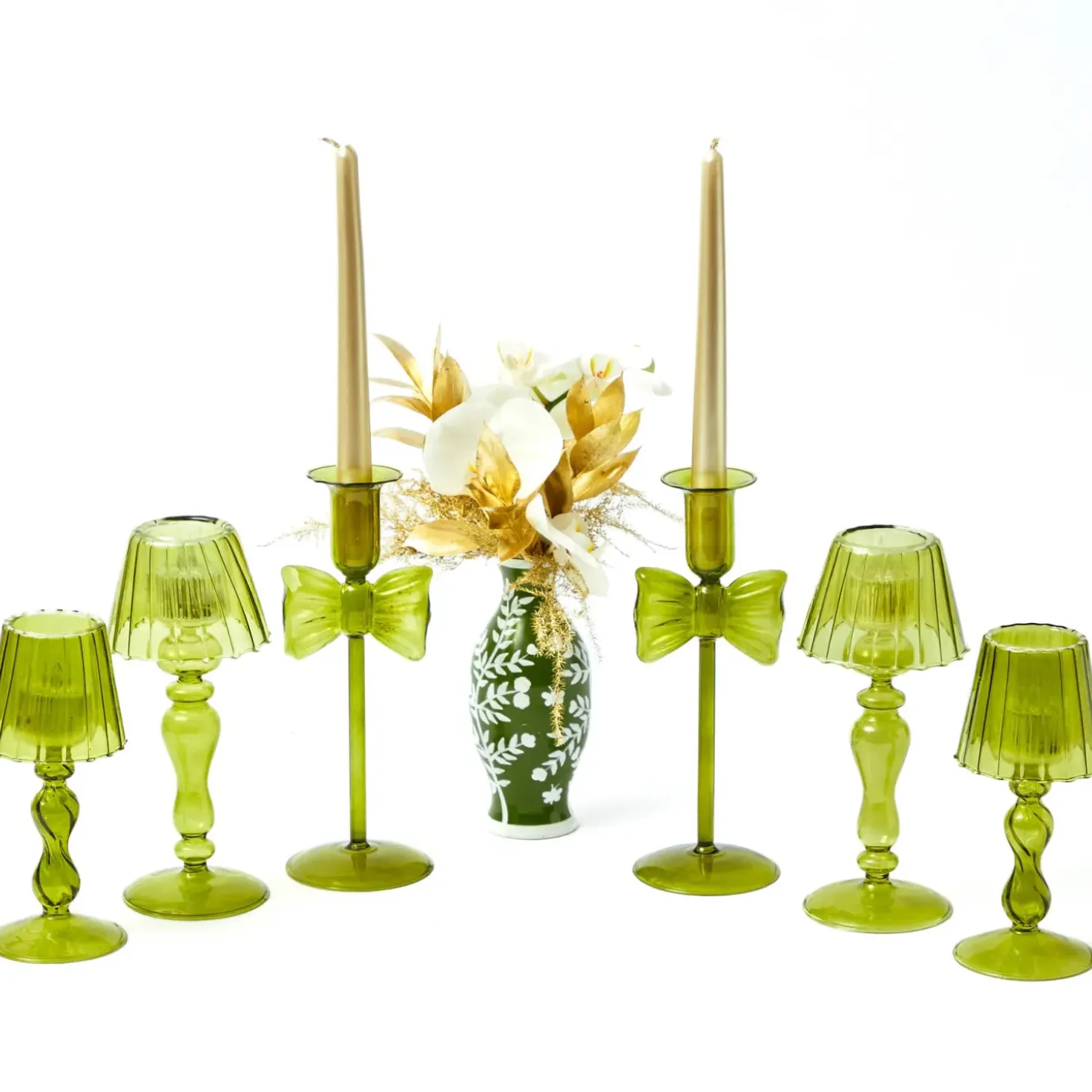 Celine Green Glass Bow Candlescape (Gold)