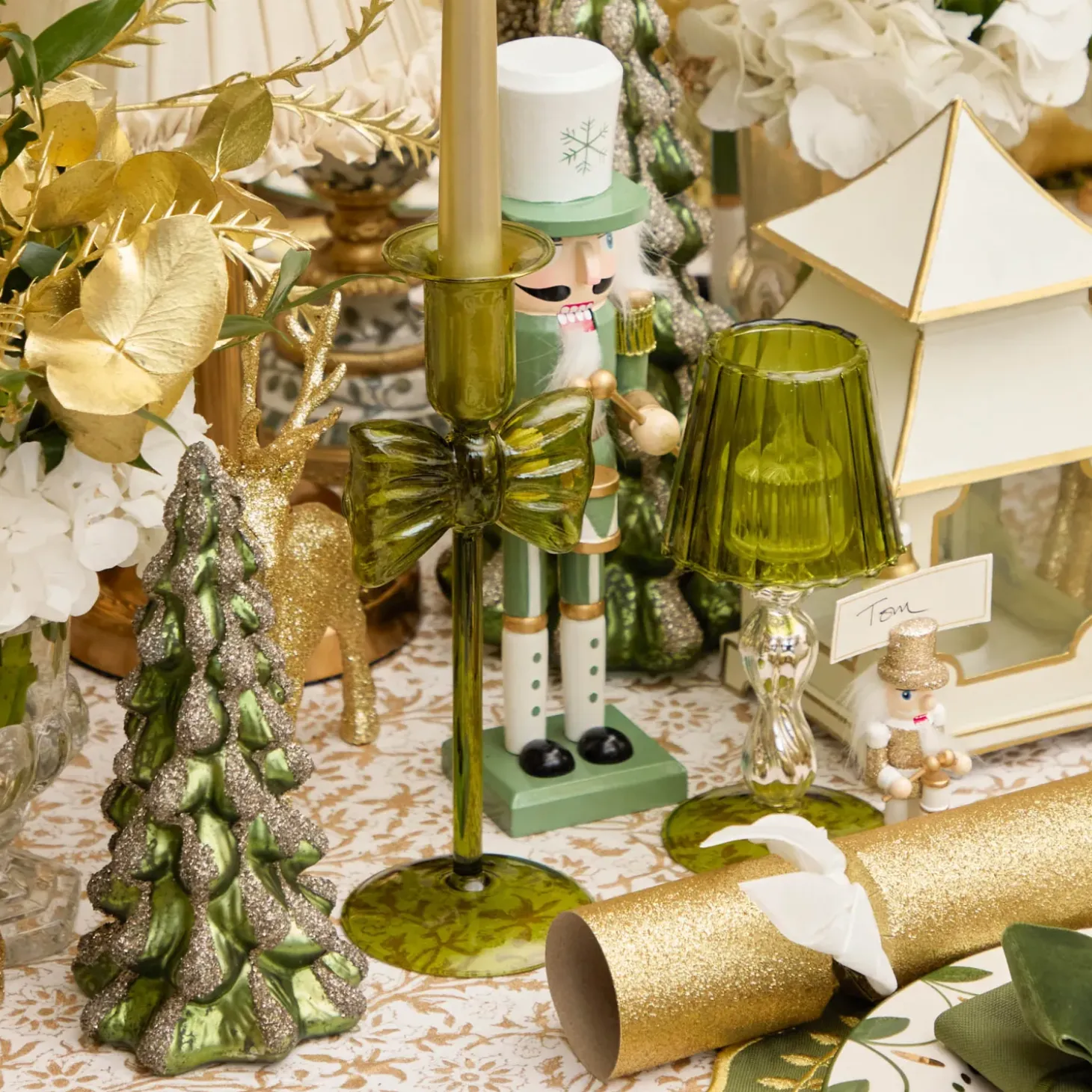 Celine Green Glass Bow Candlescape (Gold)