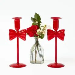 Celine Red Glass Bow Candle Holder (Pair)