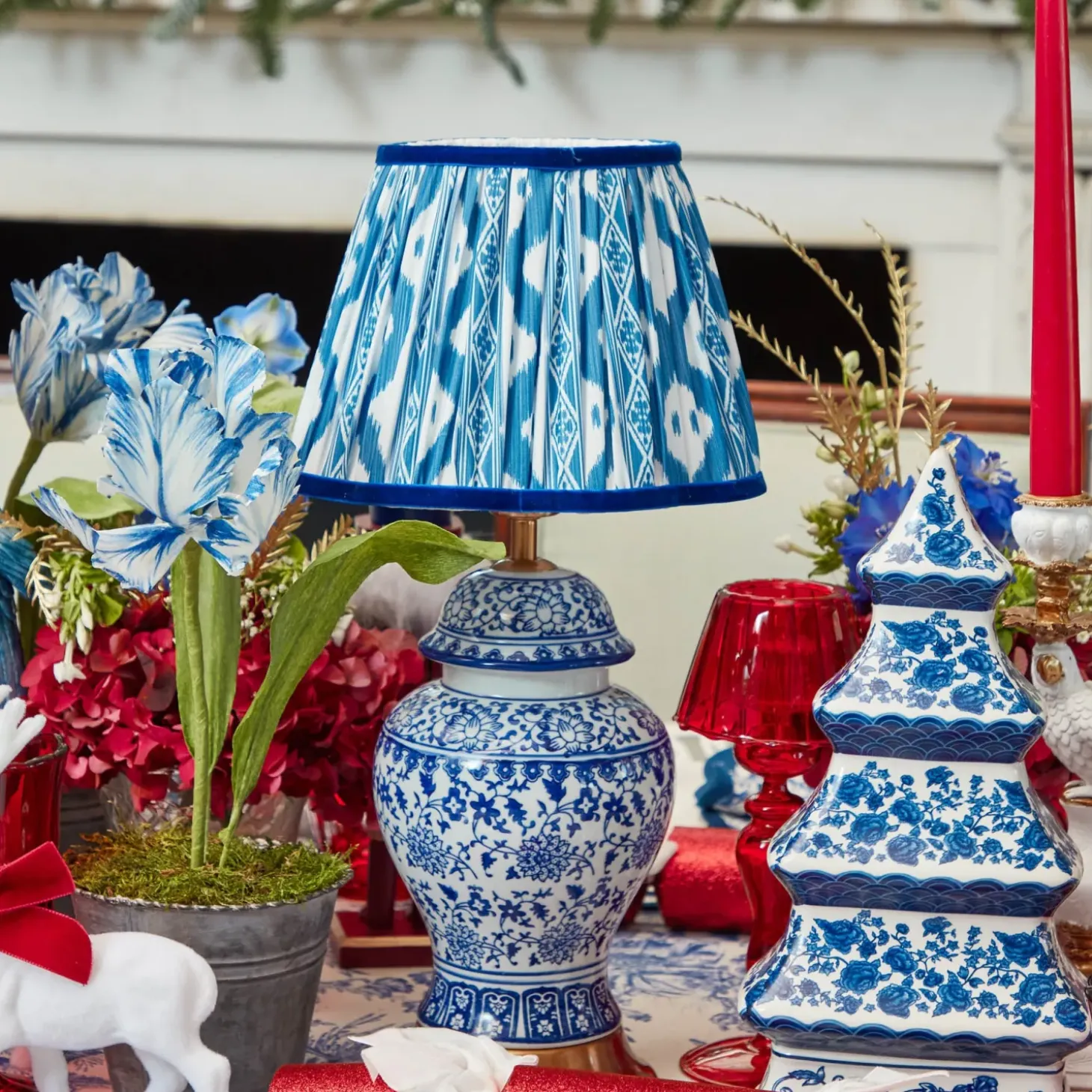 Chinoiserie Rechargeable Lamp & Cobalt Ikat Shade (22cm)