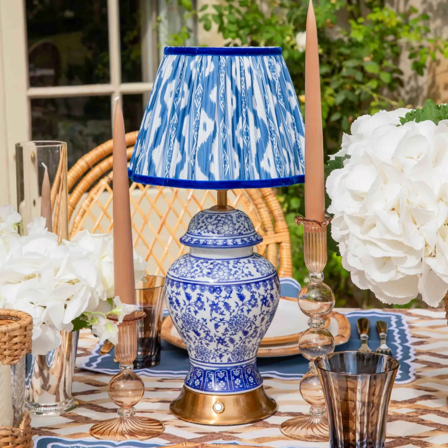 Chinoiserie Rechargeable Lamp & Cobalt Ikat Shade (22cm)