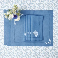 Coral Blue Linen Placemats & Napkins (Set of 4)