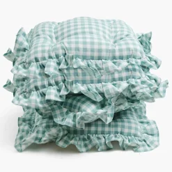 Duck Egg Blue Gingham Ruffle Seat Pad Cushion