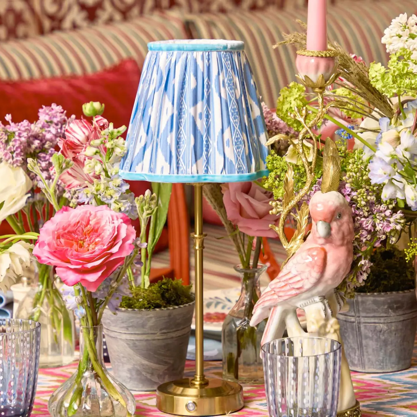 Edie Rechargeable Lamp with Blue Ikat Shade (18cm)
