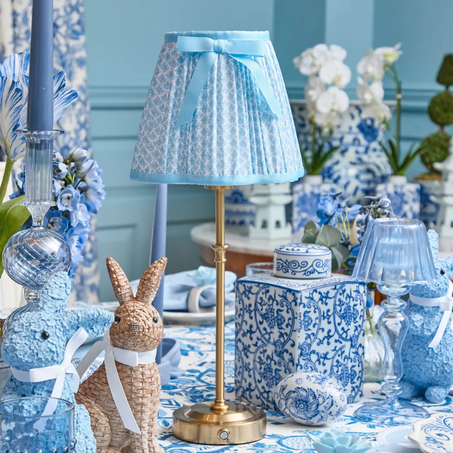 Edie Tall Rechargeable Lamp with Soft Blue Lotus Bow Shade (18cm)