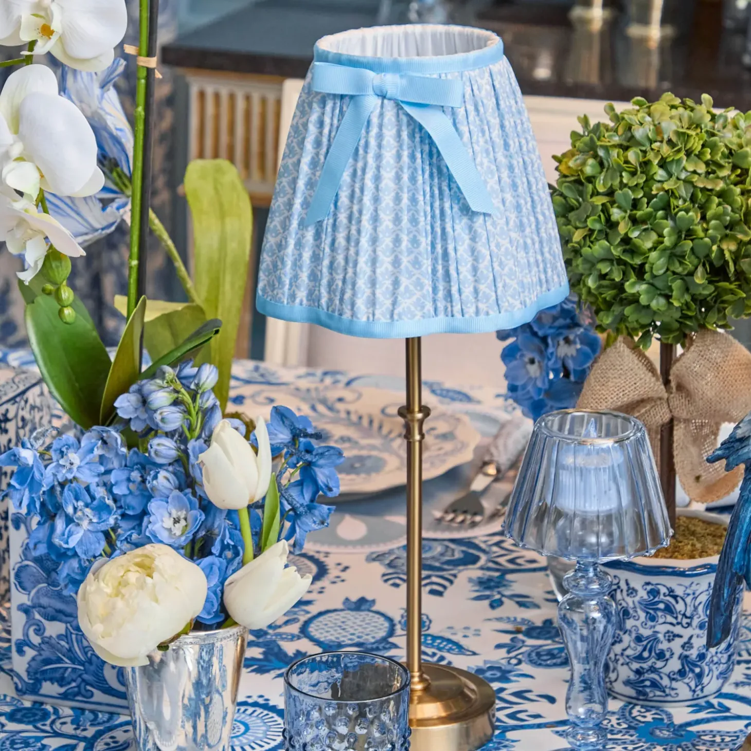 Edie Tall Rechargeable Lamp with Soft Blue Lotus Bow Shade (18cm)