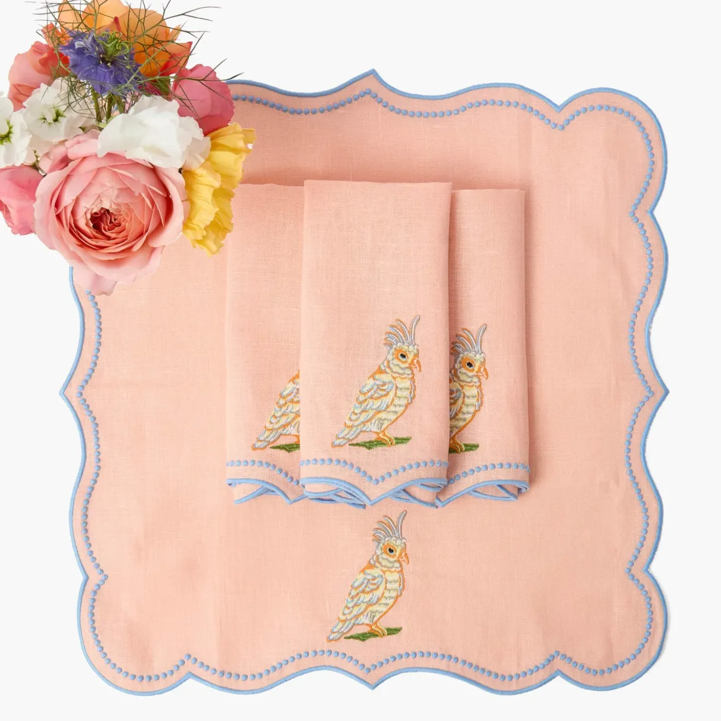 Eloise Coral & Blue Placemats & Parrot Napkins (Set of 4)