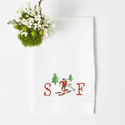 Embroidered Skier White Linen Hand Towel