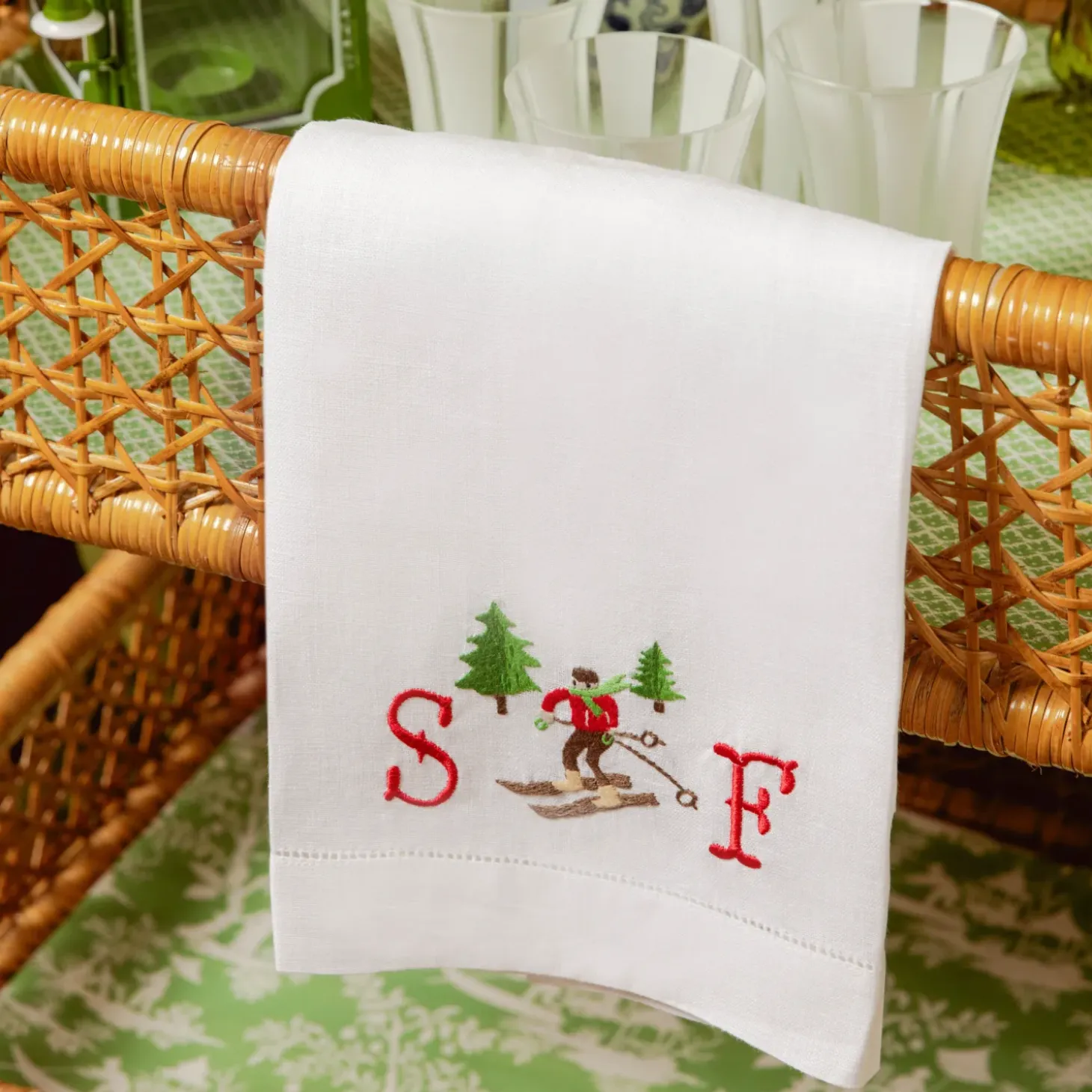 Embroidered Skier White Linen Hand Towel