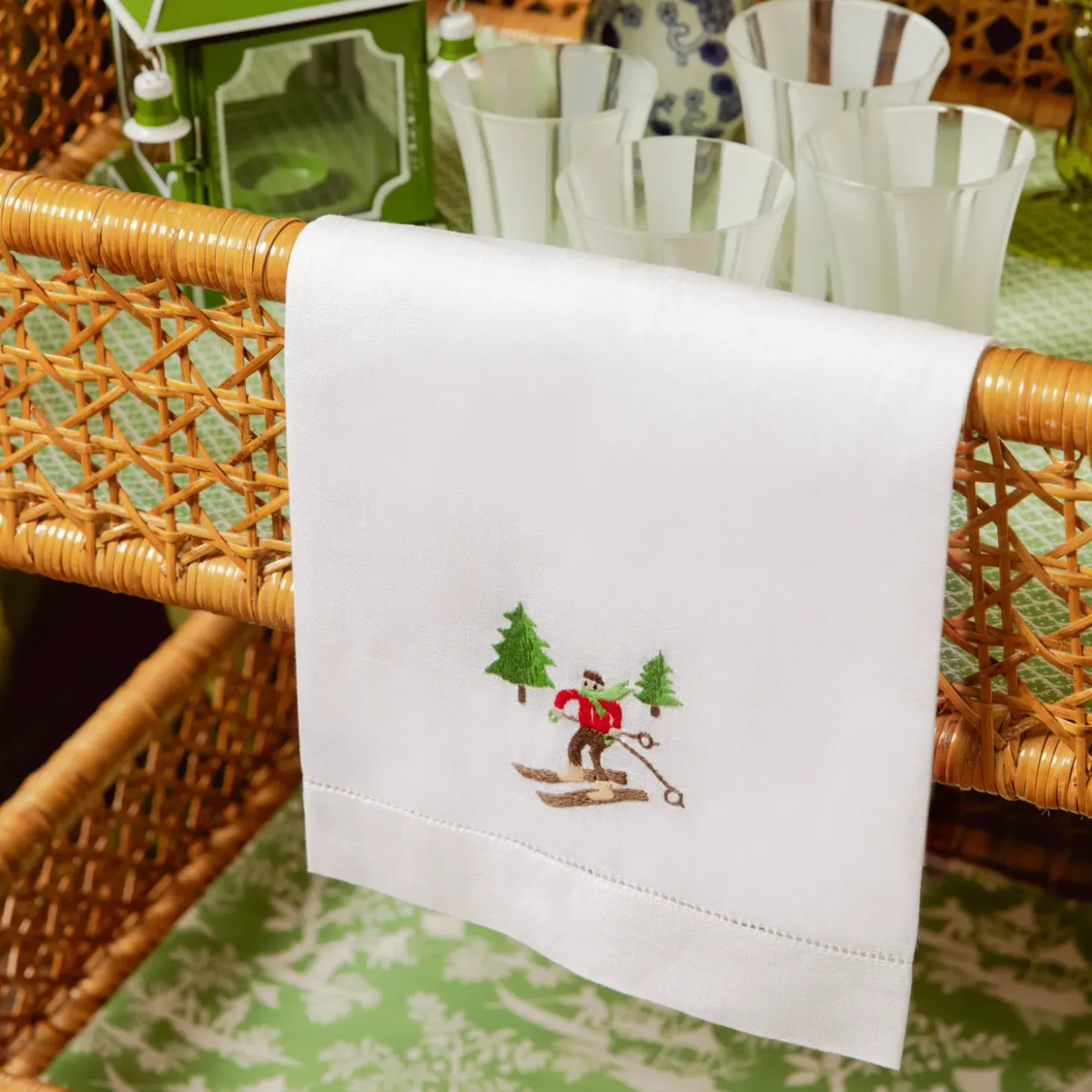 Embroidered Skier White Linen Hand Towel