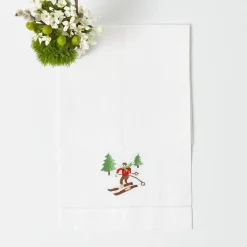 Embroidered Skier White Linen Hand Towel