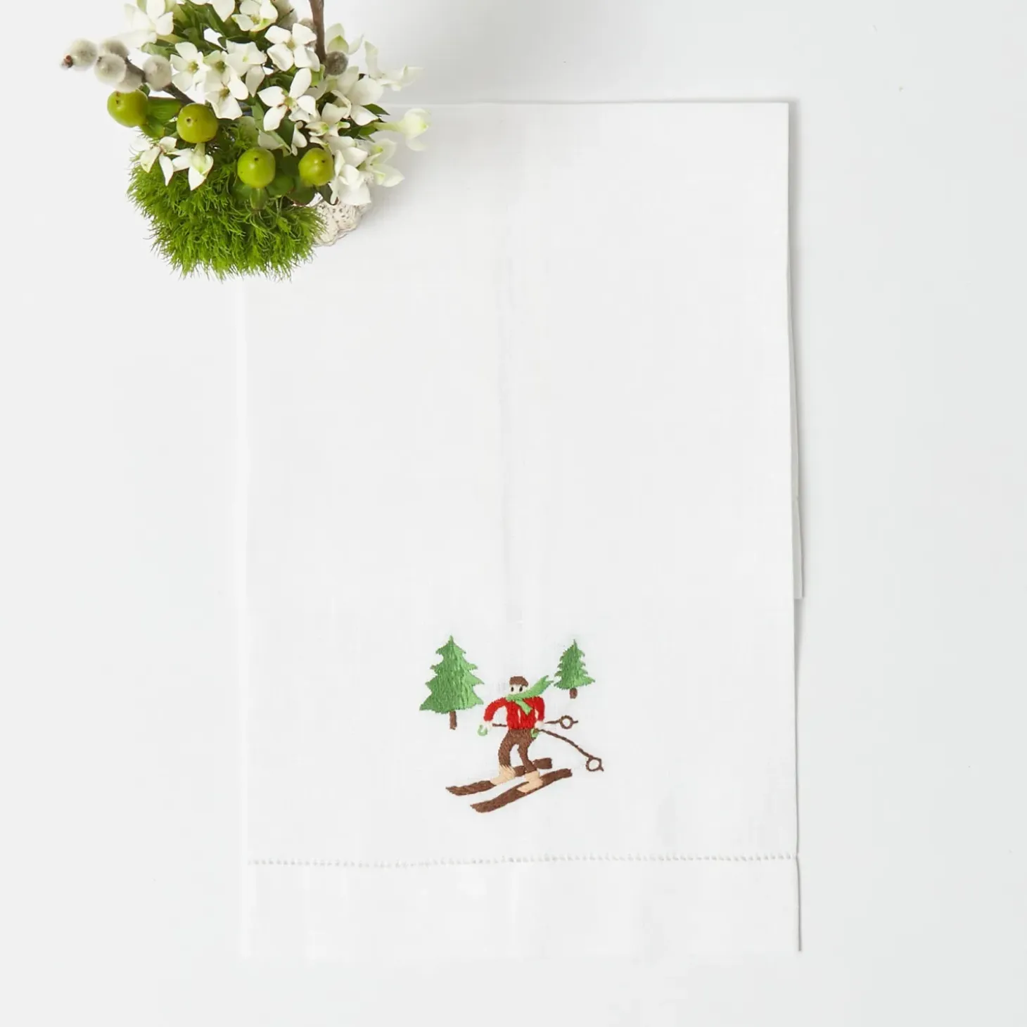Embroidered Skier White Linen Hand Towel