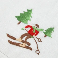 Embroidered Skier White Linen Hand Towel