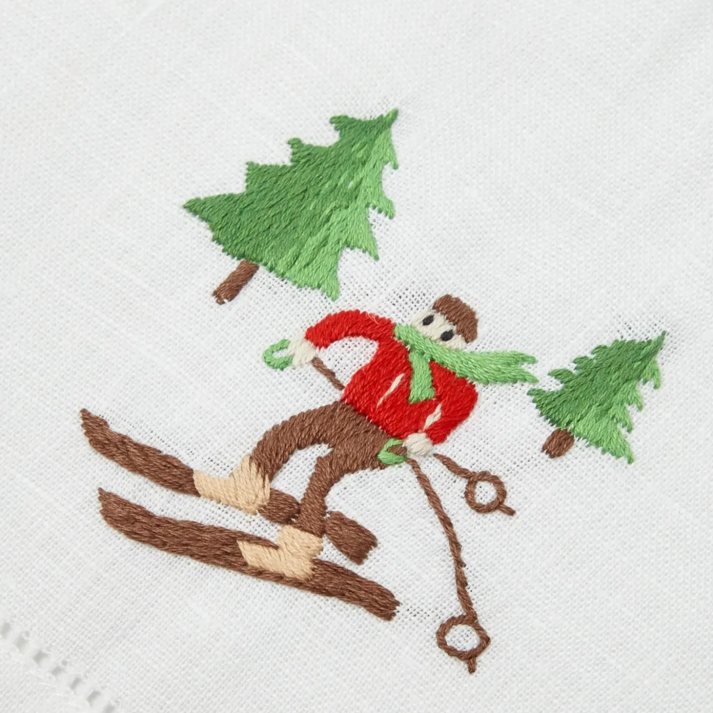 Embroidered Skier White Linen Hand Towel